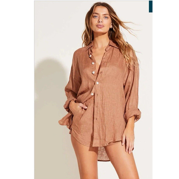Vitamin A Linen Playa Boyfriend Shirt in‎ Desert Oversized Women Sz L - Picture 1 of 16
